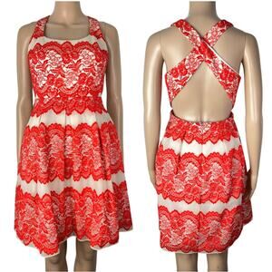 Marchesa Notte Fit & Flare Tulle Lace Open Back Holiday Party Dress